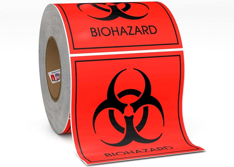 KENCO Biohazard Warning Labels 4" X 4" Inch, Fluorescent Red-Orange Hazardous Stickers 250 Labels Per Roll for Medical and Industrial Use and More - Made in The USA by (1) - Image 1